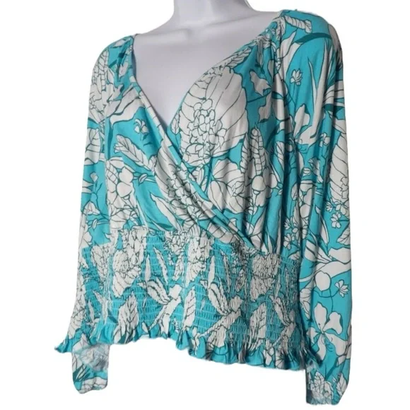 LANE BRYANT Vibrant Soft Stretch Floral Smocked Top in Teal/White  Size 18/20 - Picture 2 of 8
